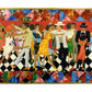 Colorful quilt with a pattern of people dancing on a geometric background