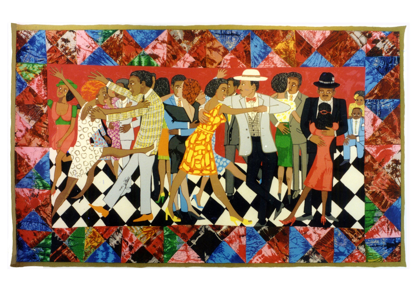 Colorful quilt with a pattern of people dancing on a geometric background