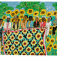 Artistic depiction of a group of people standing behind a banner with sunflower patterns.