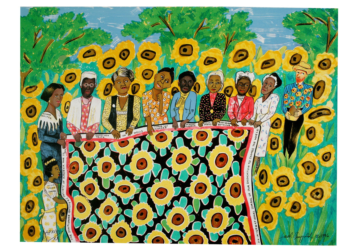 Artistic depiction of a group of people standing behind a banner with sunflower patterns.