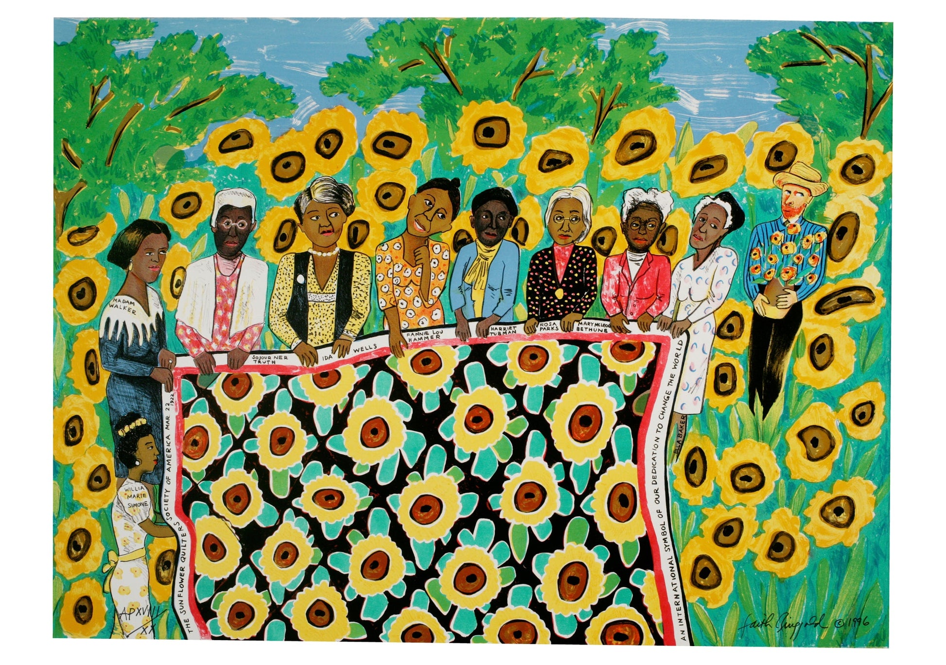 Artistic depiction of a group of people standing behind a banner with sunflower patterns.