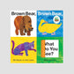 Children's book cover titled 'Brown Bear, What Do You See?' showing a four-panel illustration with a brown bear, a yellow duck, a purple cat, and a partially visible orange book peeking out from the bottom right.
