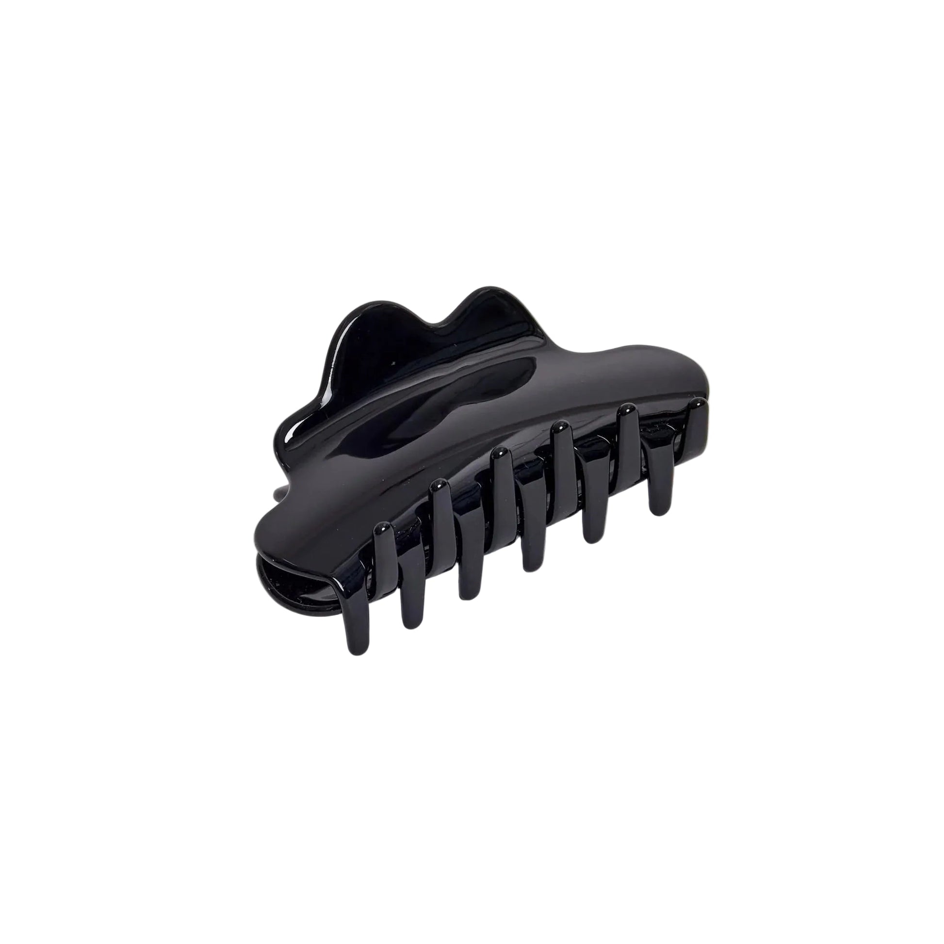 A glossy black hair claw clip shown from a three-quarters perspective on a solid white background.