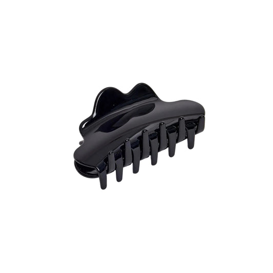 A glossy black hair claw clip shown from a three-quarters perspective on a solid white background.