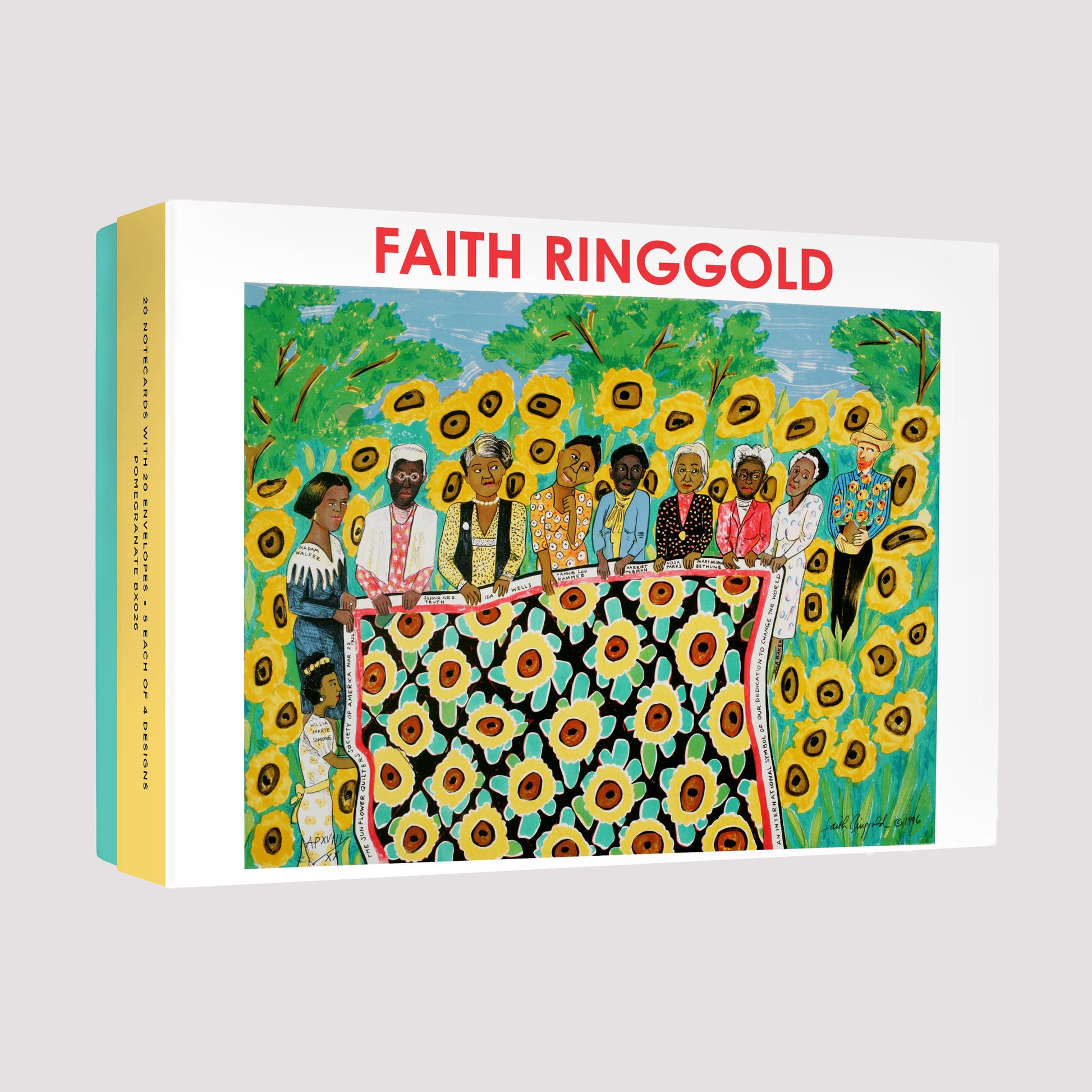 Book or product packaging with 'Faith Ringgold' branding and artwork of people and sunflowers.