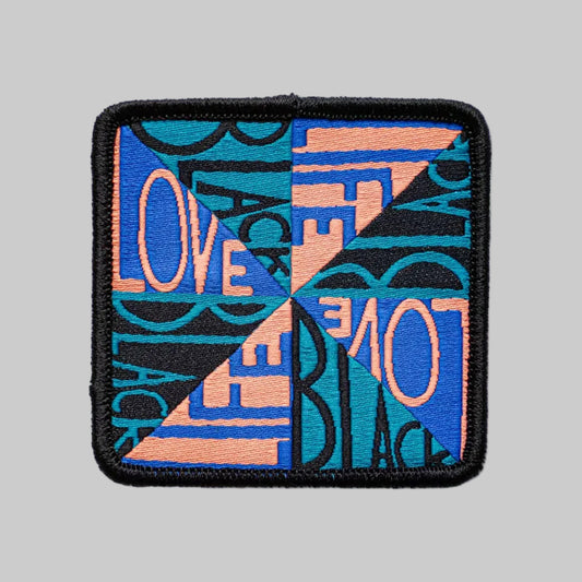 Square patch with geometric design and text on a white background